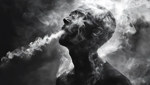 High-contrast monochrome portrait isolates exhaled vapor trail