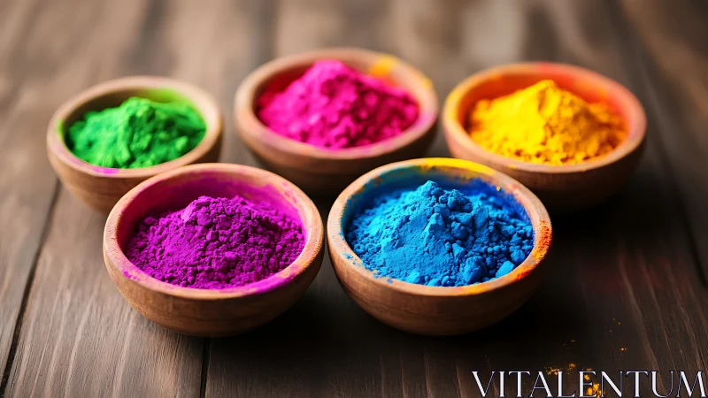 Photorealistic bowls of vivid pigment powders on wood surface.