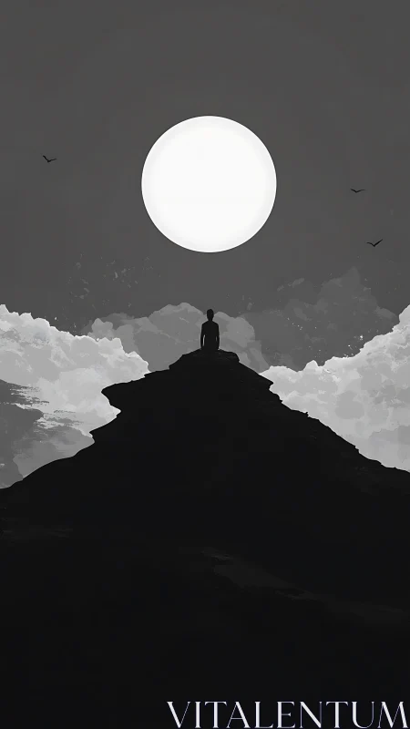 Solitary silhouette beneath monumental white moonlit sky.