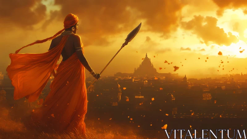 Warrior silhouette over sunlit city with distant temple.