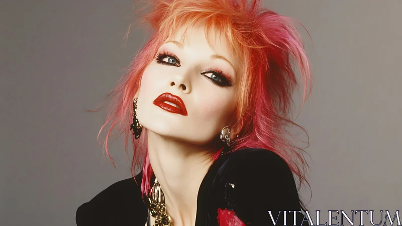 Bold portrait of woman with bright red and pink hair.