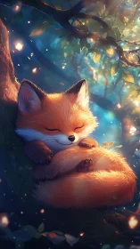 Bioluminescent forest cradles stylized fox in warm repose