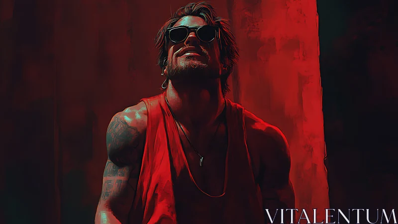 Tattooed man in red tank under harsh cinematic light.