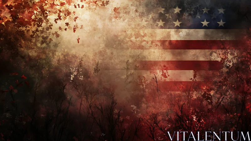 US flag emerges through burned foliage and smoky haze.