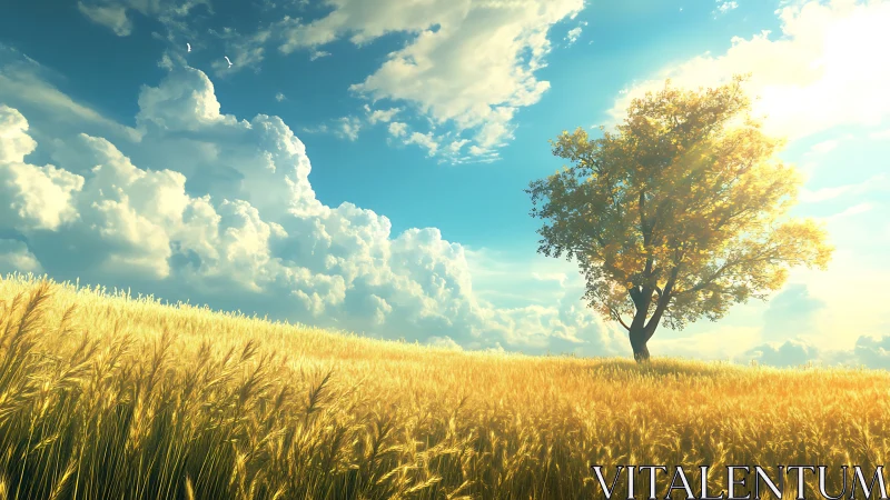 Golden wheat meadow and sunlit tree under summer clouds.