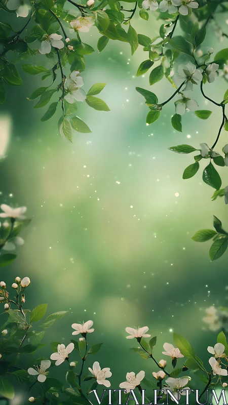 Spring Blossoms Frame Green Ethereal Garden Scene.