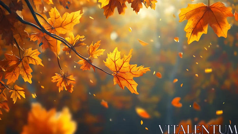 Golden autumn leaves drifting softly through warm light.