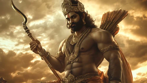 Mythic warrior archer in ornate gold armor under storm sky