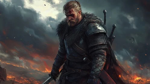 Battle-worn medieval warrior stands over burning battlefield.