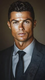 Man in dark suit stares forward with direct neutral expression