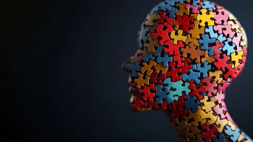 Human head silhouette constructed from puzzle pieces.