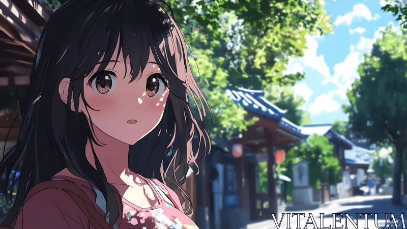 Sunlit anime girl wandering through quiet temple street.