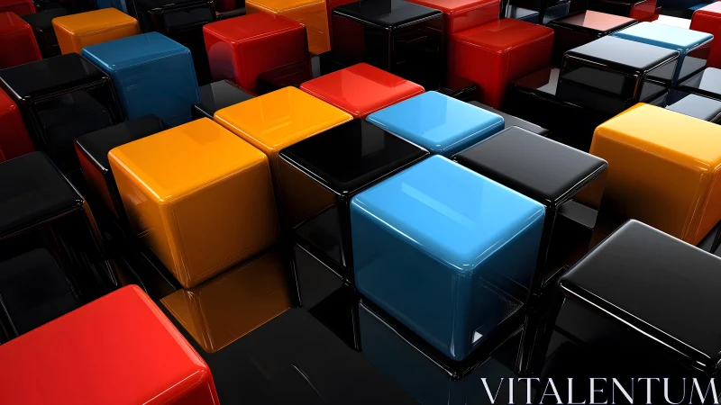 Glossy colored cubes form reflective geometric surface grid