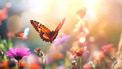 Sunlit monarch poised above glowing summer wildflowers.