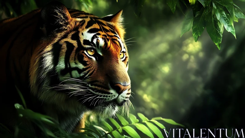 Photorealistic tiger portrait in dappled rainforest light.