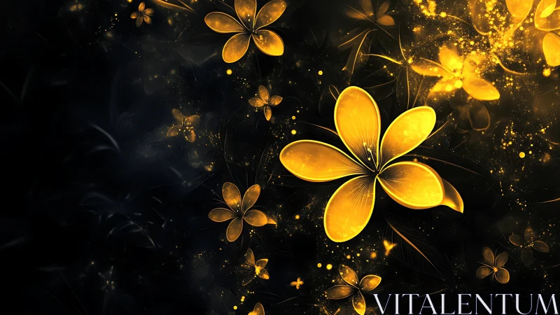 Luminous golden blossoms drift through cosmic black field.