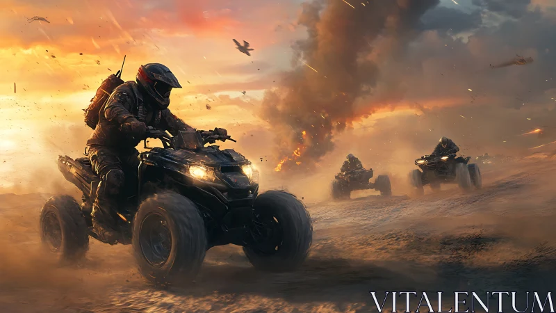 Tactical quad assault under incendiary desert sky at dusk.