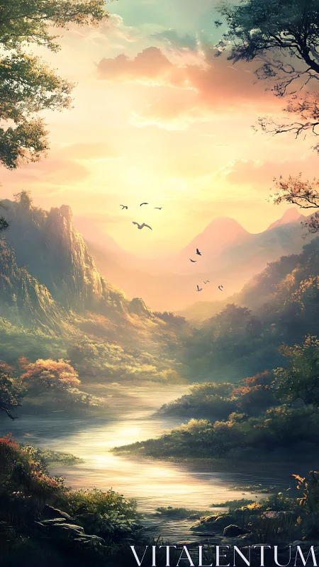 Sunlit fantasy valley river winds through misty mountains