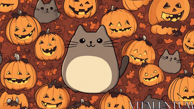 Cute Cat Among Jack-O'-Lanterns Halloween Pattern.