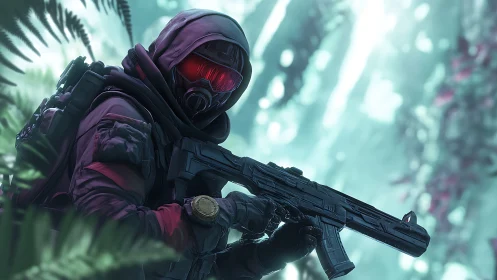 Hooded armed figure in dense misty forest environment.