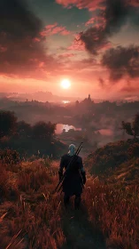 Sunset wanderer gazes toward a misty glowing valley.