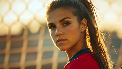 Focused female soccer player stands near goal at sunset