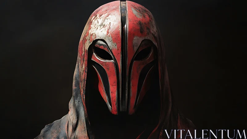 Battle-scarred crimson helm shrouded in shadowed silence.