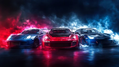 Tri-color drift cars under cinematic neon smoke lighting.