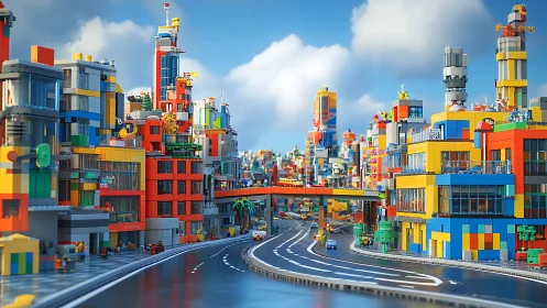 Colorful LEGO metropolis curves around elevated highway