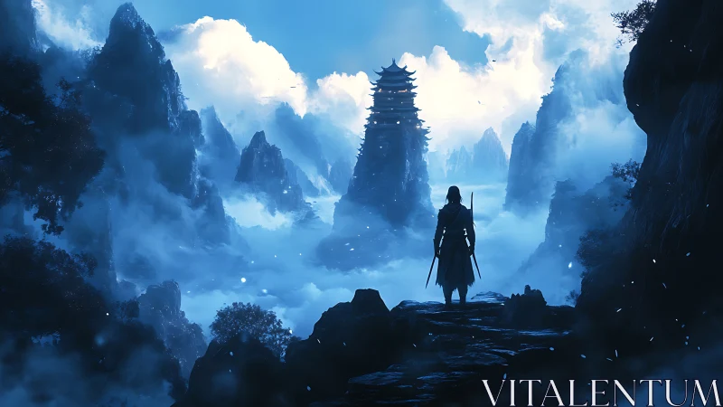 Lone wanderer gazes toward a misty mountain temple ahead.