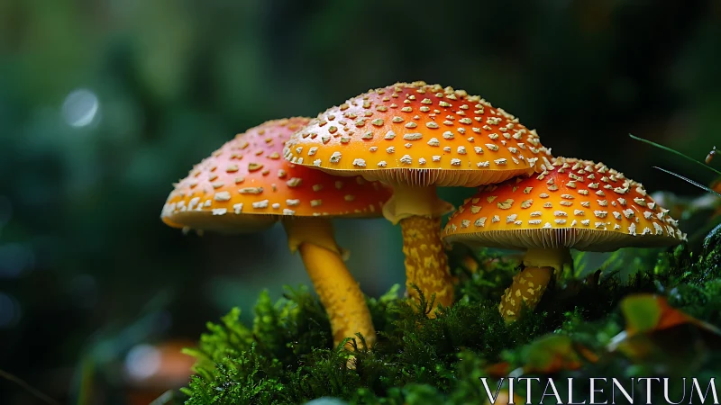 Vibrant fly agaric mushrooms in moist forest macro study.