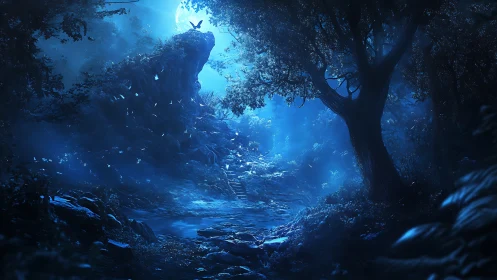 Moonlit forest path glows softly with quiet blue magic
