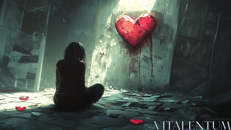 Softly lit girl contemplates a cracked red heart on a wall