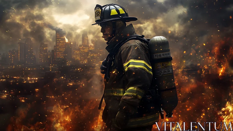 Firefighter Stands Resolute Amid Urban Inferno and Raging Flames