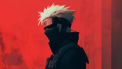 Masked white haired ninja stands against flat red wall