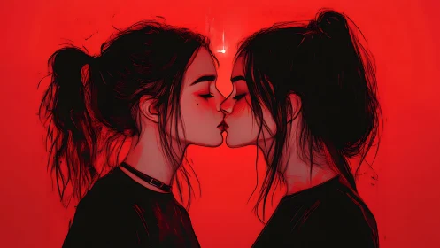 Two figures with closed eyes kissing against red background