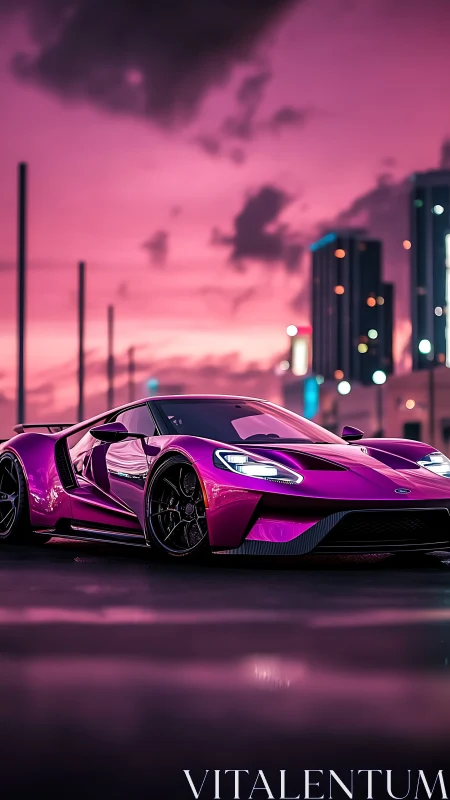 Aerodynamic magenta supercar under neon dusk urban skyline