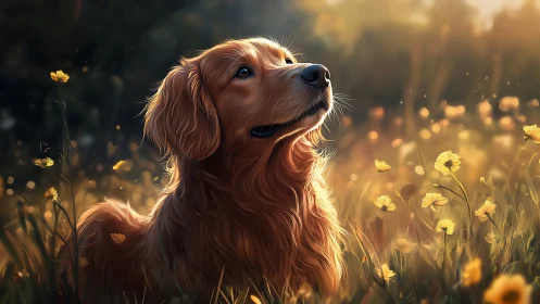 Golden retriever basks in gentle sunset light among flowers