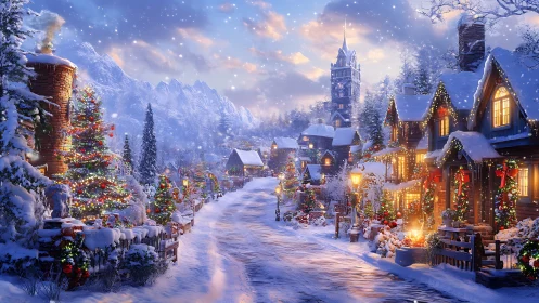 Snow-laden Christmas village street glows with festive illumination