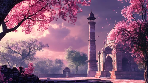 Rose-hued domed mausoleum framed by luminous blossom canopy.