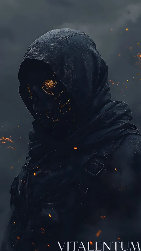 Hooded skeletal wraith with molten eyes in drifting embers.