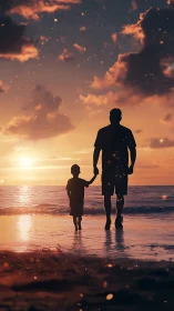 Father and child walk shoreline beneath glowing sunset sky.