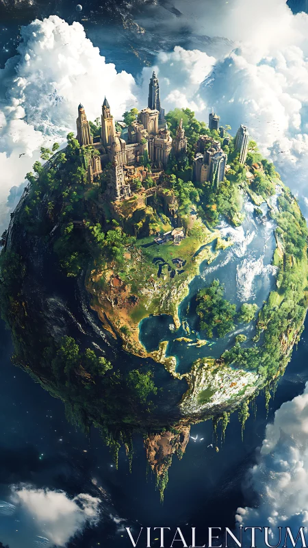 Floating storybook world where citadel meets wild earth.