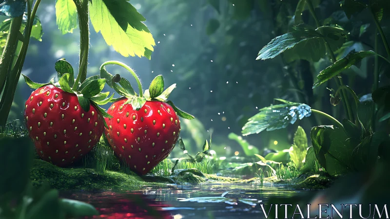 Macro-illuminated forest strawberries over reflective stream.