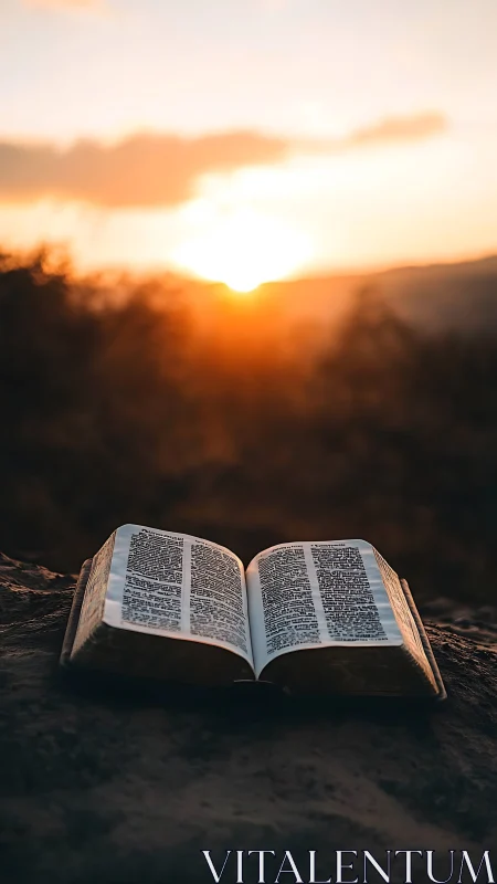Open Bible on rock in warm sunset backlight, shallow depth