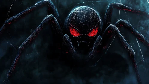 Sinister red‑eyed spider emerging from shadowed void.