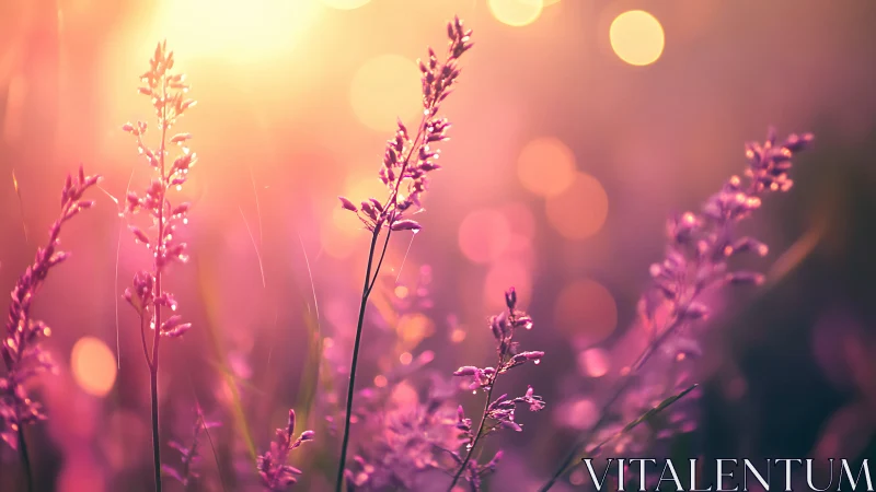 Wild grass stems stand against warm blurred sunset bokeh