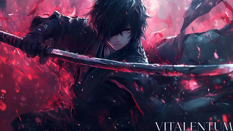 Dark swordsman unleashes crimson power in swirling battle haze.