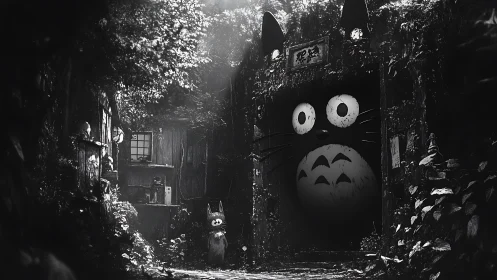 Monochrome forest tunnel hides colossal cartoon guardian