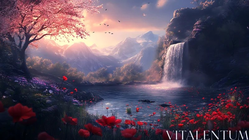 Springlight waterfall valley wrapped in dreamy mountain calm.